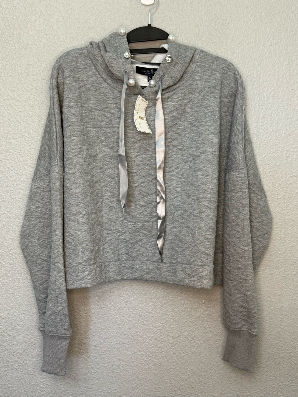 NWT Simply Southern Grey Quilted Hoodie W/Satin Ties Faux Pearls & Rhinestones